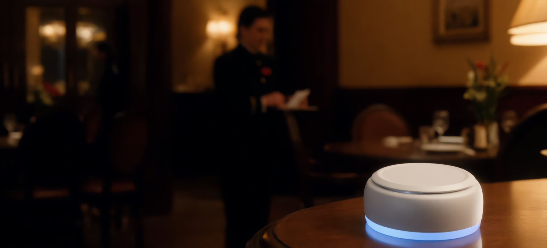 Restoran masasında VyCall B300 kablosuz çağrı butonu, arka planda garson
